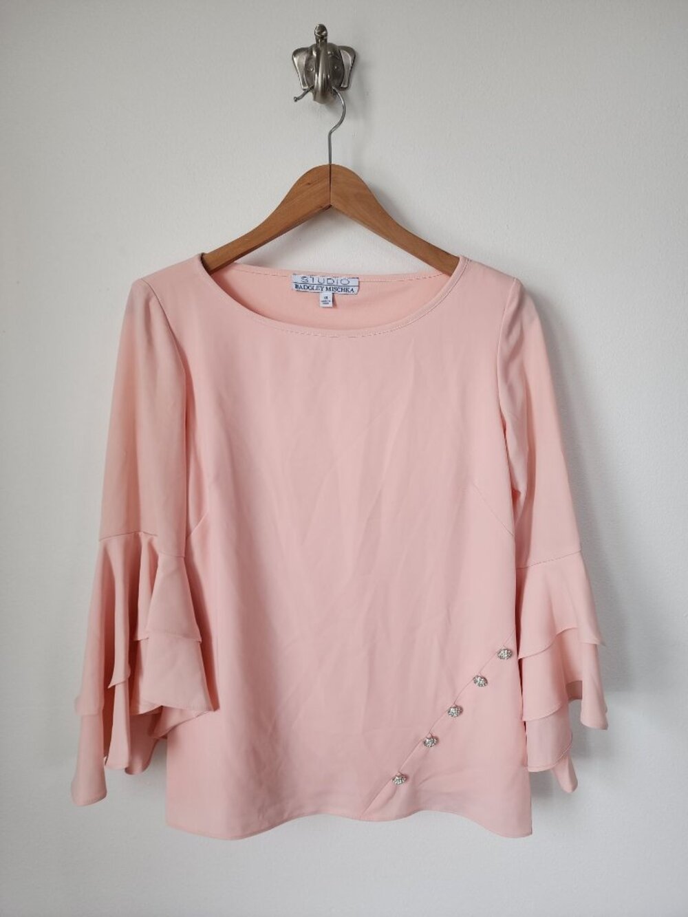 Studio Badgley Mischka pink silver jeweled bell sleeve blouse XS